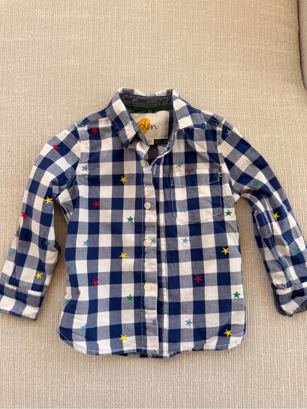Boden Blue Plaid Gingham Button-Down with Multicolor Star Embroidery 2-3 yr